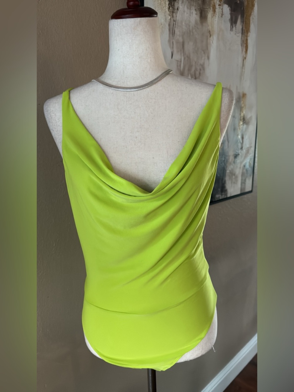 Draped Cowl Neck Bodysuit in Lime Green
